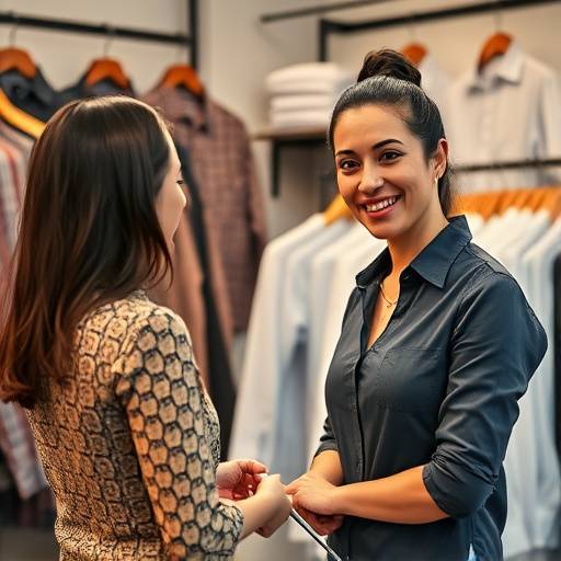 Foto de Fernanda Costa, gerente de vendas da Camisaria Elegância Urbana, atendendo um cliente com um sorriso e profissionalismo.