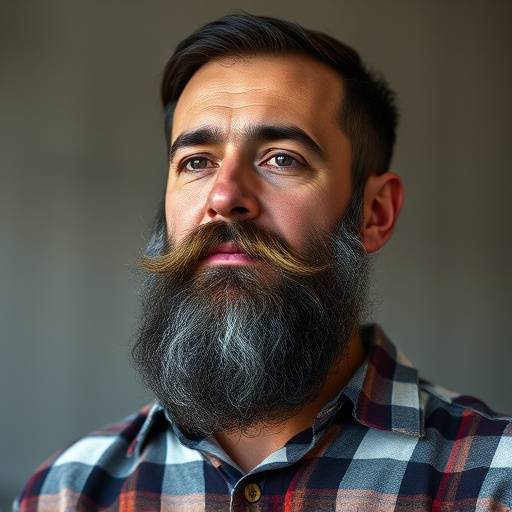 Imagem de João Pedro, com uma barba bem cuidada e vestindo uma camisa xadrez.