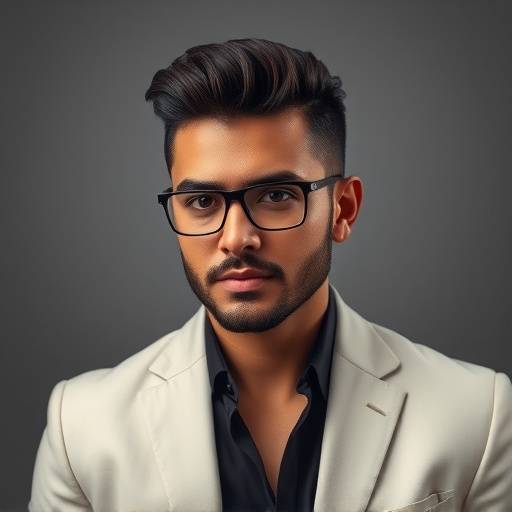 Imagem de Marcelo Oliveira, estilista chefe da Camisaria Elegância Urbana, com uma expressão criativa e vestindo um design original.