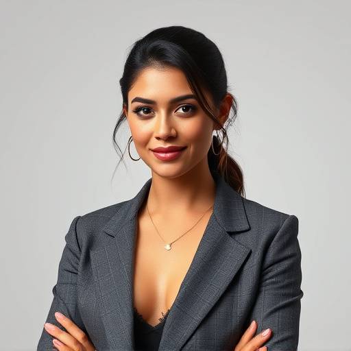 Retrato de Ana Paula, gerente de marketing da Camisaria Elegância Urbana, vestindo roupas elegantes e demonstrando profissionalismo.